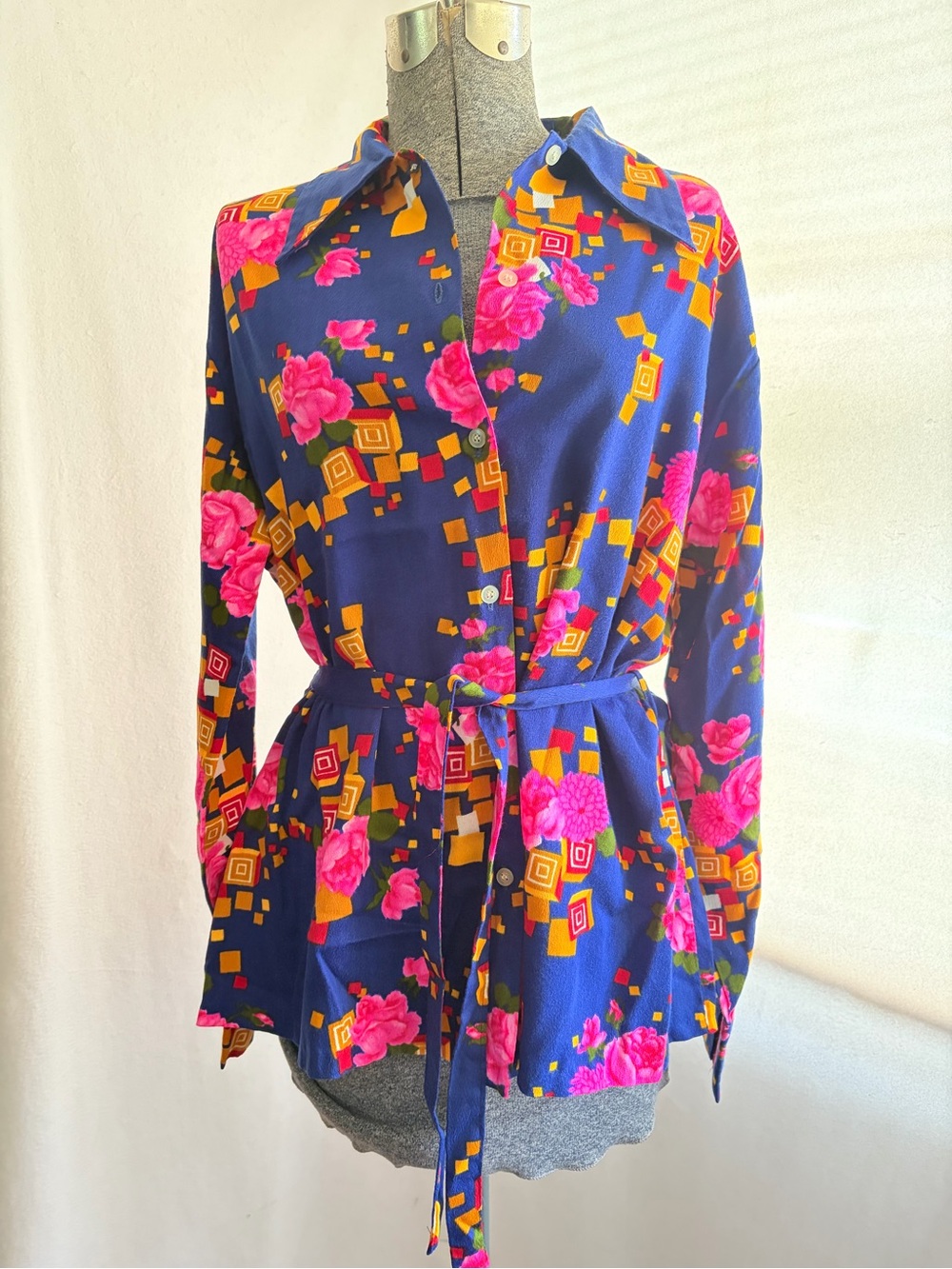 Vtg 60s/70s Miss Holly belted floral tunic button down - Picture 1 of 9